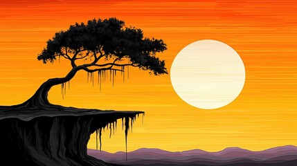 Silhouette Bonsai Tree on Cliff at Sunset, Pixel Art Landscape