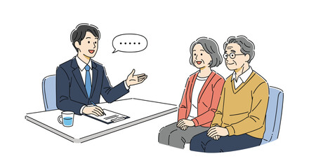 Financial advisor explains investment options to older couple discussing retirement planning and future security