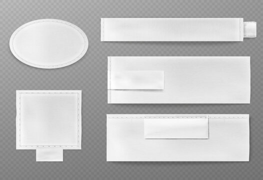 Fabric label mockup set with white textile tags, stitched edges on transparent background. Oval patch, rectangular bands with folded ends, square tag. Clothing branding elements for garment design.