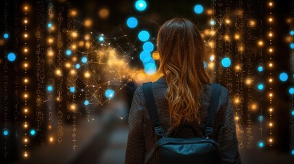 Woman walking through a digital city at night