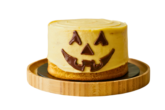 Pumpkin Face Yellow Cake PNG on Wooden Base
