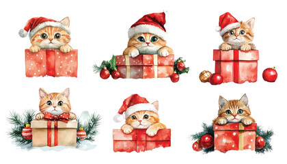 Watercolor Christmas cat in Santa hat with present red gift box winter illustration New Year card