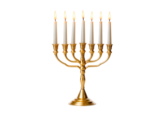 Golden seven-branched candelabrum with lit candles on transparent background, PNG