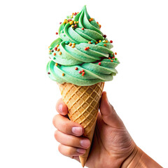 hand holds a perfectly swirled mint ice cream cone isolated on transparent background