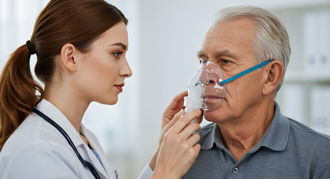 Woman Doctor Adjusting Oxygen Mask on Elderly Patient in Clinic Setting with Medical Equipment and White Gown