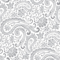 Paisley floral pattern, abstraction, swirl flowers, white and grey colors. Seamless floral pattern-801.