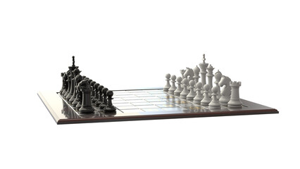Atmospheric 3D visualization of a chessboard with glossy pieces on a transparent background. Ideal for articles, covers, and advertisements related to intellectual games, strategy, and business.