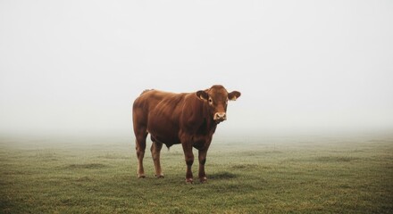 A lone cow stands in a misty field of green grass
