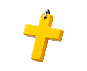 Fototapeta premium Yellow 3d cross pendant with metal ring on transparent background, PNG