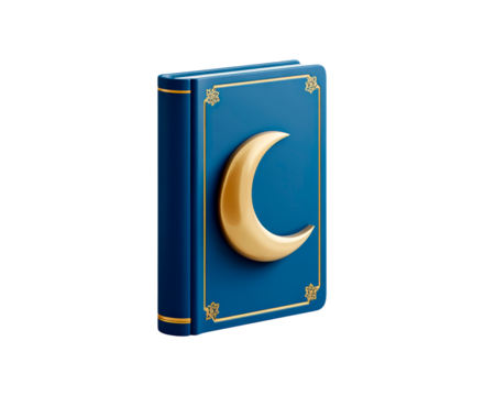 Blue book with golden crescent moon on cover on transparent background, PNG - Powered by Adobe