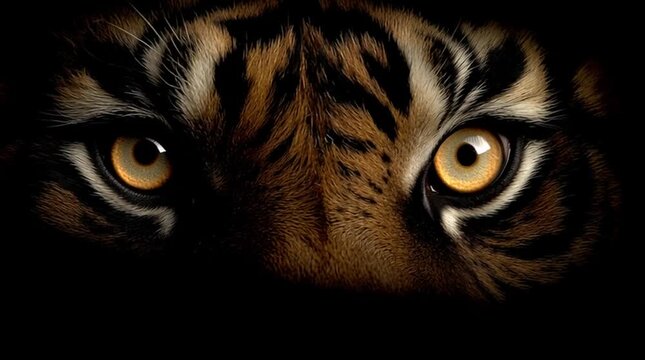 Close-Up of Tiger Eyes in Darkness