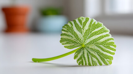 the close-up shot showcases a single, striking leaf with intricate green and white patterns, lying on a surface near a window