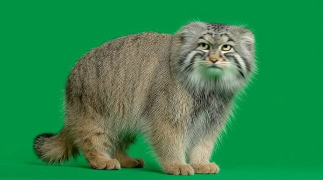 Pallas&rsquo;s cat (Manul) isolated on green background &ndash; wild feline chroma key