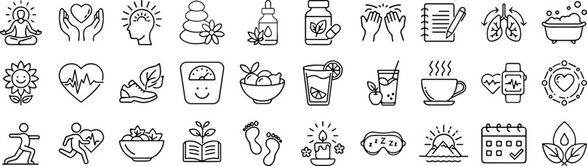Collection of wellness and self-care icons in line style featuring yoga, meditation, nutrition, fitness, mindfulness, sleep, and healthy lifestyle.