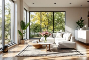 Fototapeta premium Sunlit living room with large windows showcasing autumnal foliage, a white sectional sofa, a round coffee table, and potted plants, all set on light hardwood floors and a patterned rug