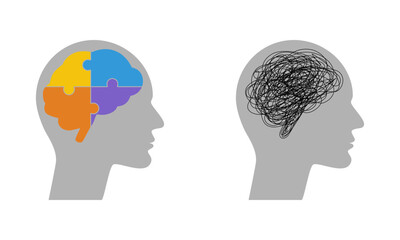 Set of human brains with jigsaw puzzle and tangle brain on grey head. Vector Business Illustration.