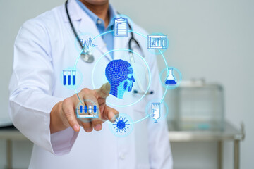 Doctor interacting with digital health interface showing medical icons and head model interface