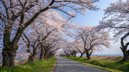 Image is a landscape photograph featuring a picturesque pathway lined with cherry blossom trees in full bloom.