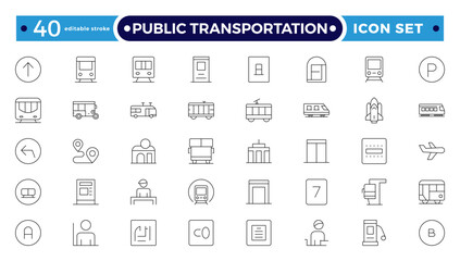 Public transportation outline Icons set. Contain icons related to vehicle, cars, truck, ship, boat, train, subway, motorcycle, motor scooter, and more. Editable stroke outline icon. 
