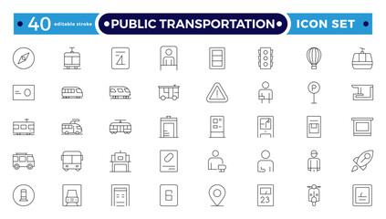 Public transportation outline Icons set. Contain icons related to vehicle, cars, truck, ship, boat, train, subway, motorcycle, motor scooter, and more. Editable stroke outline icon. 
