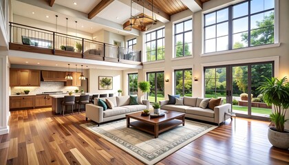 Spacious, modern farmhouse-style living area with large windows