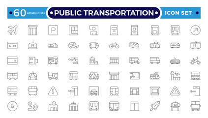 Public transportation outline Icons set. Contain icons related to vehicle, cars, truck, ship, boat, train, subway, motorcycle, motor scooter, and more. Editable stroke outline icon. 
