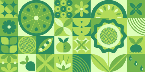 Green bauhaus plant pattern grid with geometric flowers, citrus slices, leaves arranged in squares - modern botanical design tiles with abstract nature shapes, retro style vegetation mosaic. © klyaksun