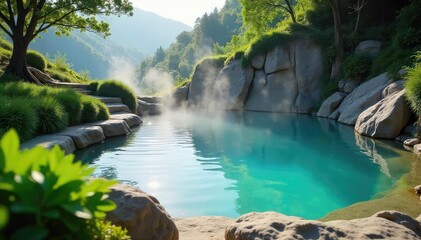 Serene geothermal hot spring pool surrounded by lush green vegetation, steam rising gently Perfect for relaxation and spa concepts Ideal for travel and wellness imagery , hot spring, healing