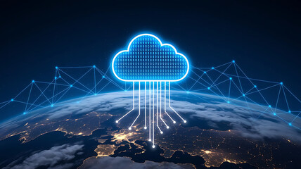 Cloud icon made of binary code and network lines hovering above a connected cityscape, symbolizing cloud computing network, urban data sharing, and smart digital infrastructure