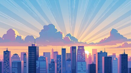 A stylized cityscape at sunrise, depicted in a vibrant pastel palette with a sunburst effect emanating from behind fluffy clouds, showcasing a dense collection of skyscrapers silhouetted 