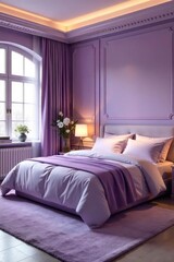 Fototapeta premium Serene lavender bedroom interior with soft lighting, plush textiles, and elegant decor Perfect for relaxation and a calming atmosphere , plants, wall
