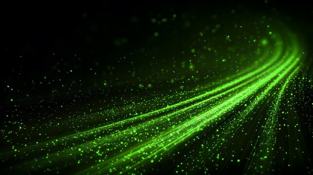 Abstract visualization of vibrant green energy streaks and light particles moving dynamically against a dark background