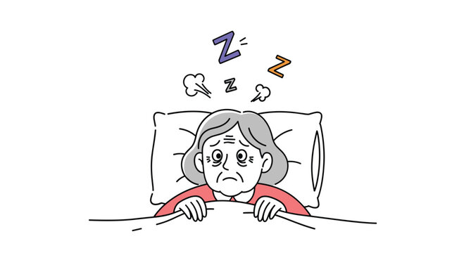 Elderly woman lying awake in bed feeling anxious and stressed with sleep disturbances and worry