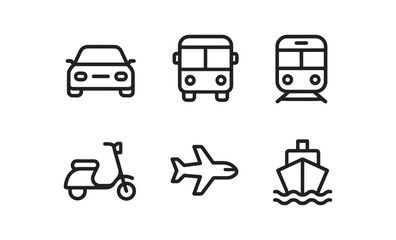 Minimalist transportation icons: car, bus, train, scooter, airplane, ship in linear style