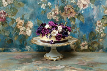 A small, round cheesecake adorned with dark purple and off-white sugar roses sits on an ornate white cake stand against a vibrant floral backdrop. 