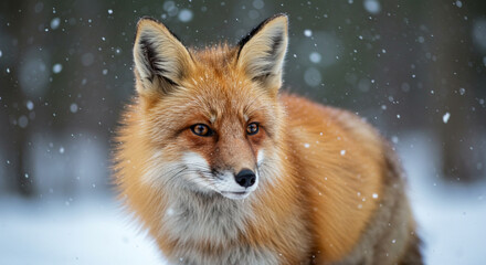 Fototapeta premium Curious Red Fox in Snowy Winter Forest - Soft Close-up Portrait