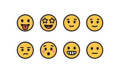 Colorful emoji faces collection: expressive circular icons in flat style
