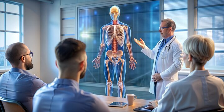 A doctor explains a holographic projection of the human skeleton and anatomy to colleagues in a modern medical consultation room - Powered by Adobe