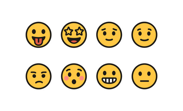 Colorful emoji faces collection: expressive circular icons in flat style