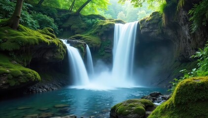 Fototapeta premium Serene waterfall cascading over moss-covered rocks, creating a tranquil and peaceful atmosphere perfect for relaxation and meditation The mist creates a magical ambiance , relaxation, idyllic