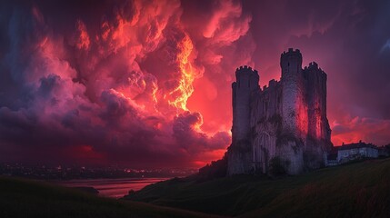 Majestic Castle at Sunset: A Dramatic Red Sky