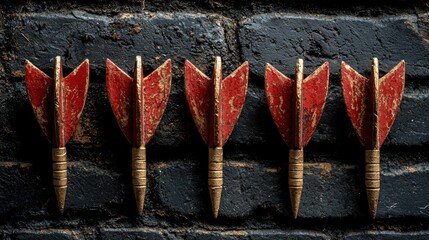 Vintage Red and Gold Darts Against Dark Brick Wall