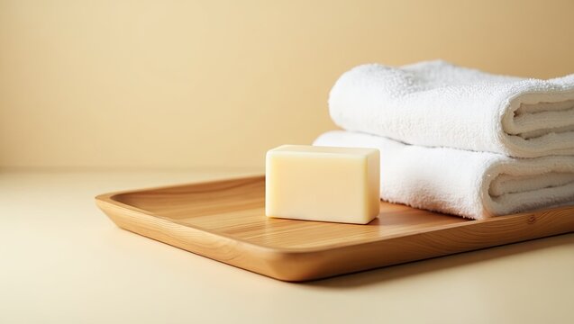 A light beige rectangular bar of soap rests on a light brown wooden tray beside a stack of two fluffy white bath towels against a pale yellow backdrop