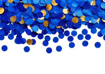 Colorful blue and gold confetti falling on transparent background, PNG