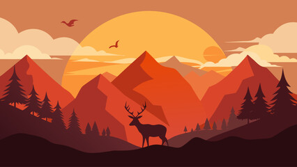 Fototapeta premium Mountain Valley Sunset with Deer