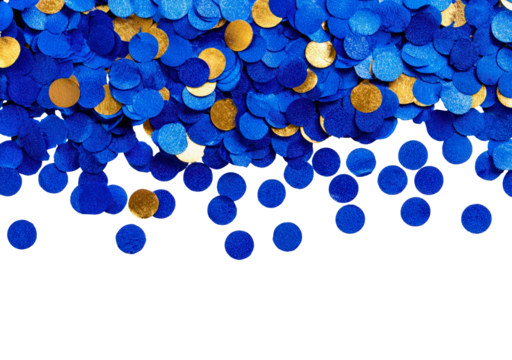 Colorful blue and gold confetti falling on transparent background, PNG