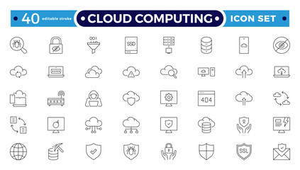 Cloud computing outline icon set. cloud services, server, cyber security, statistics, analytics, server, monitoring, computing, network, digital transformation. Editable stroke outline icon. 
