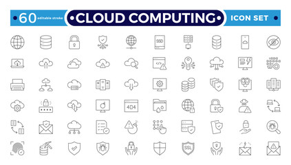 Cloud computing outline icon set. cloud services, server, cyber security, statistics, analytics, server, monitoring, computing, network, digital transformation. Editable stroke outline icon. 
