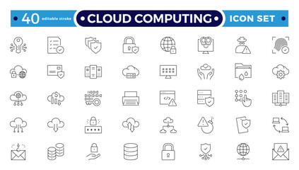 Cloud computing outline icon set. cloud services, server, cyber security, statistics, analytics, server, monitoring, computing, network, digital transformation. Editable stroke outline icon. 

