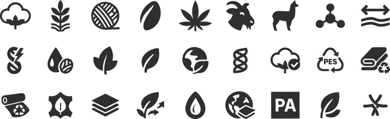 Sustainable textile and eco material icon set – natural fibers, organic fabrics, vegan leather, biodegradable symbols, and recyclable textile icons
